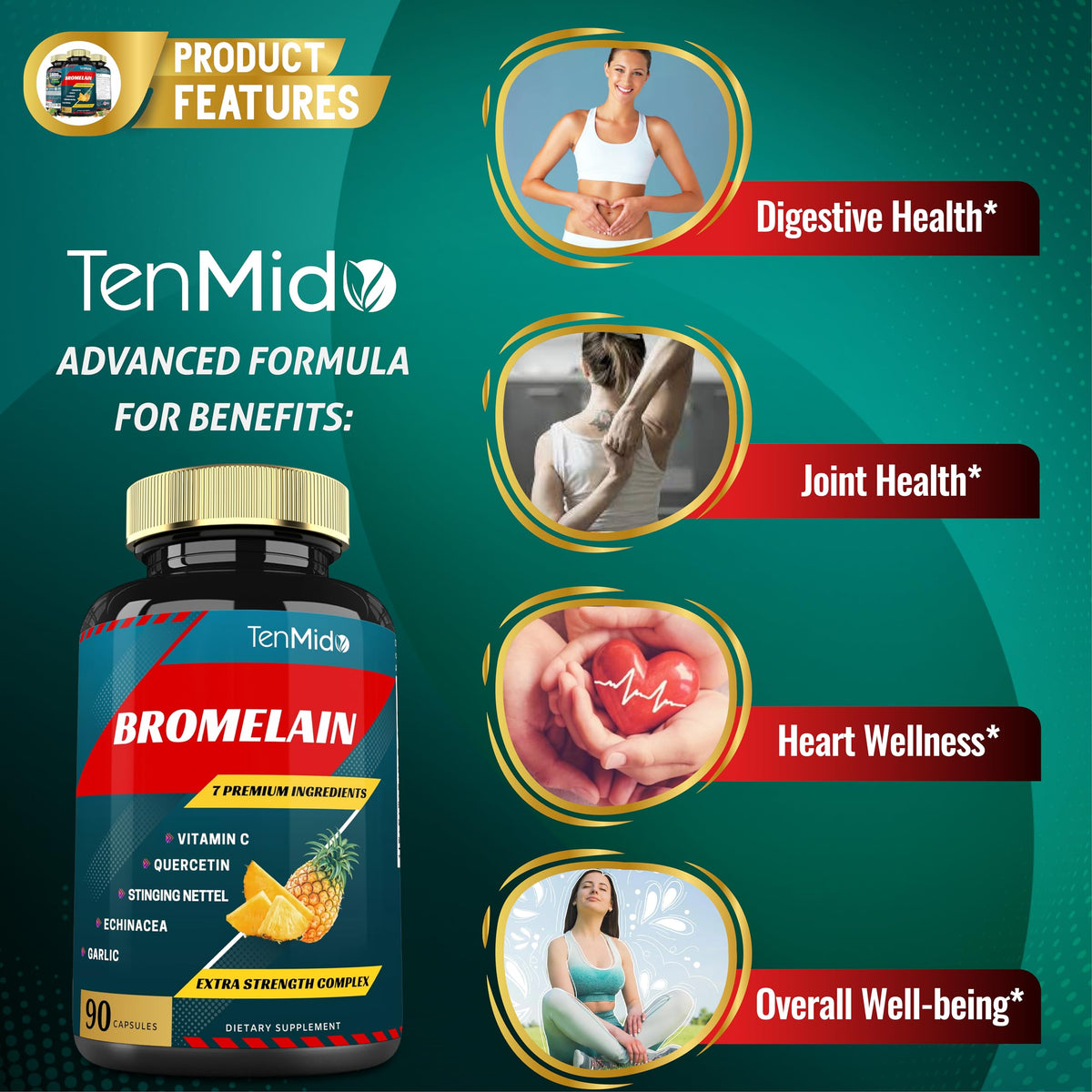 Tenmido Bromelain Extract Capsules with Vitamin C & Quercetin - 90 Capsules - image 5