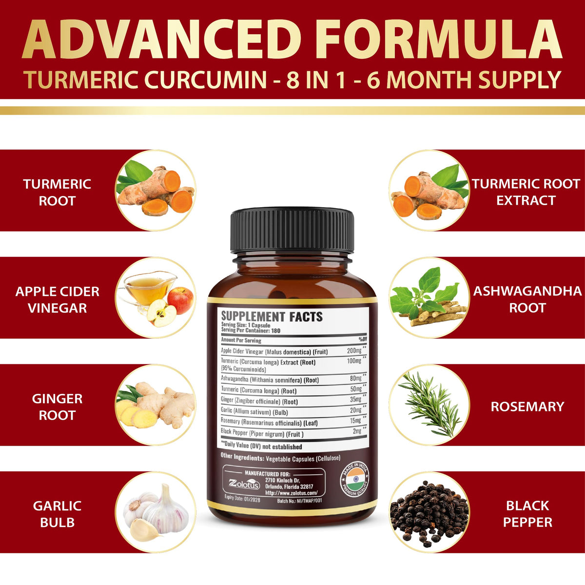 Zolotus Turmeric Apple Supplement - 2Pack 90 180 Capsules