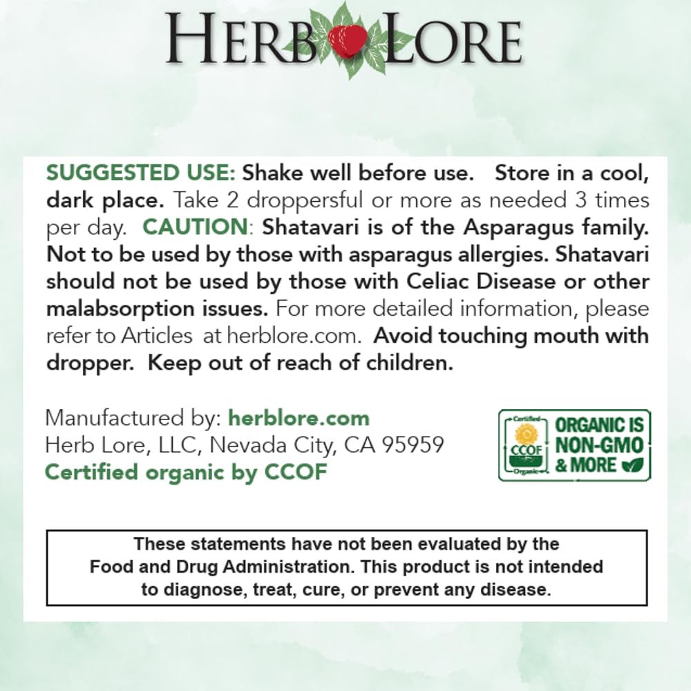 Herb Lore Organic Shatavari Root Extract Tincture - Liquid Shatavari