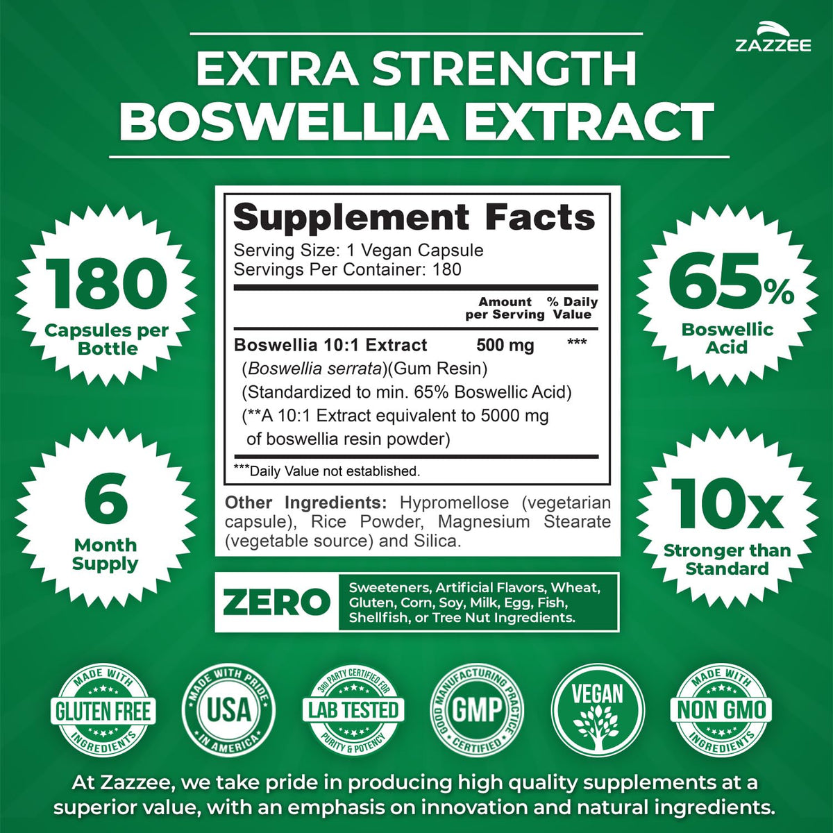 Zazzee Extra Strength Boswellia 10:1 Extract - 180 Capsules - image 3