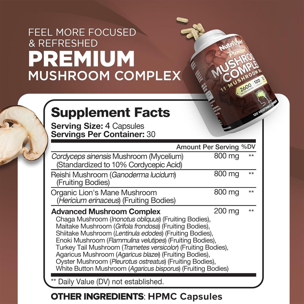 Nutrivein Premium Nootropic Mushroom Supplement 2600 mg - 120 Capsules - image 2