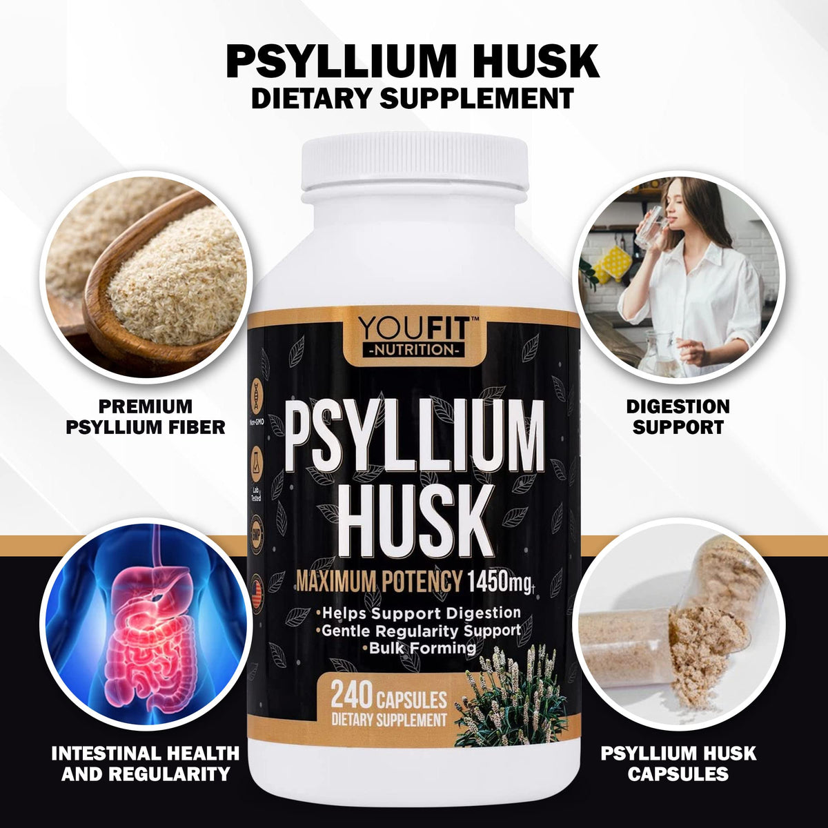 YouFit Nutrition Psyllium Husk Capsules 1450mg - 240 Capsules - image 5