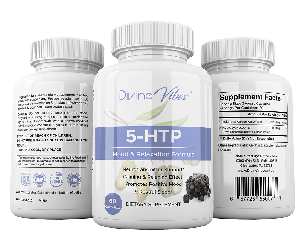 Divine Vibes 5-HTP 200mg Plus Calcium for Mood & Sleep - 60 Capsules