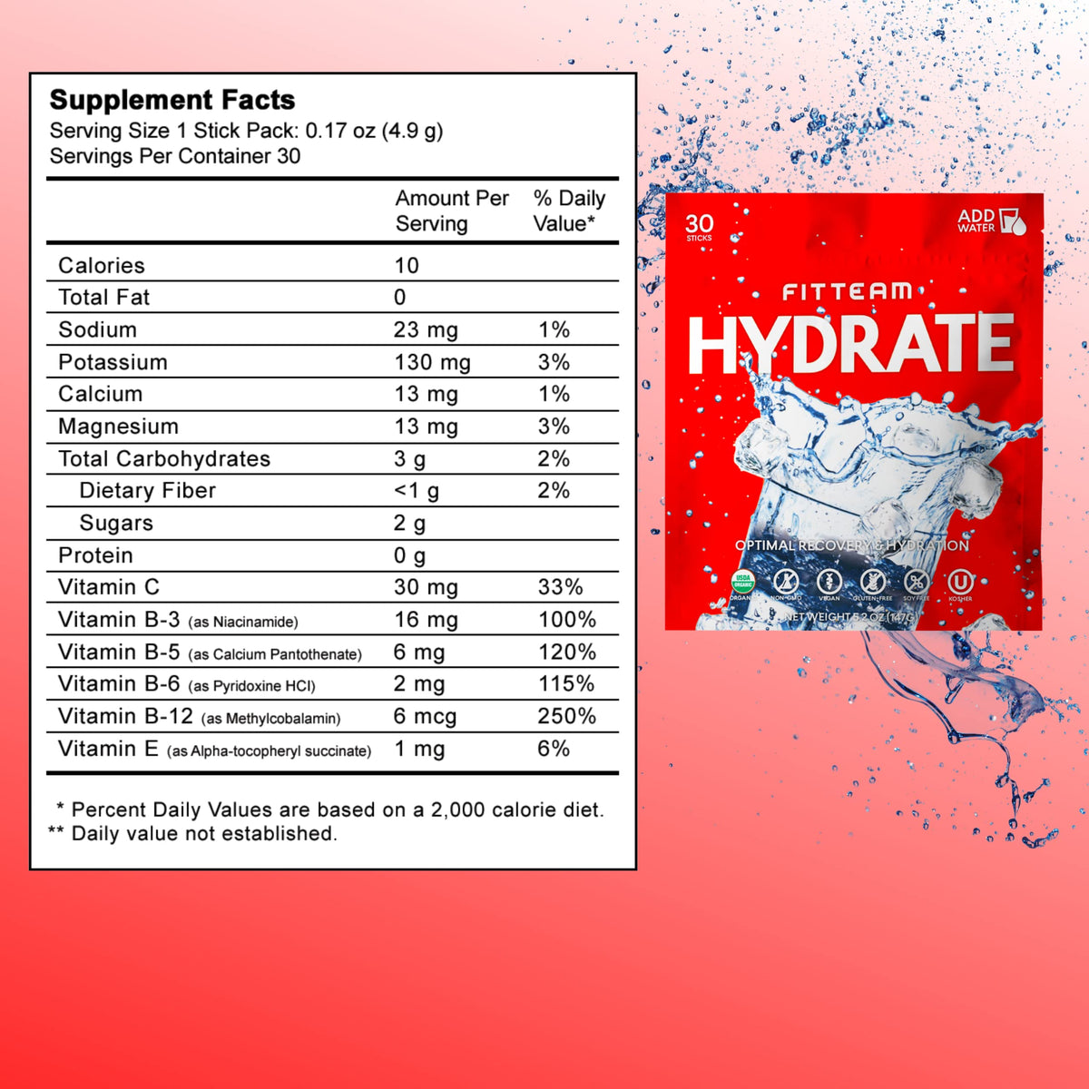 FITTEAM HYDRATE Organic Electrolyte Drink Mix - 30 Stick Packs - image 3