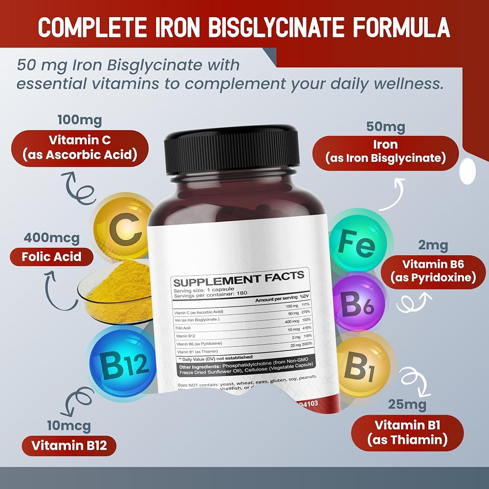 HarmoVira Iron Bisglycinate with Vitamin C & Folic Acid - 180 Capsules - image 3