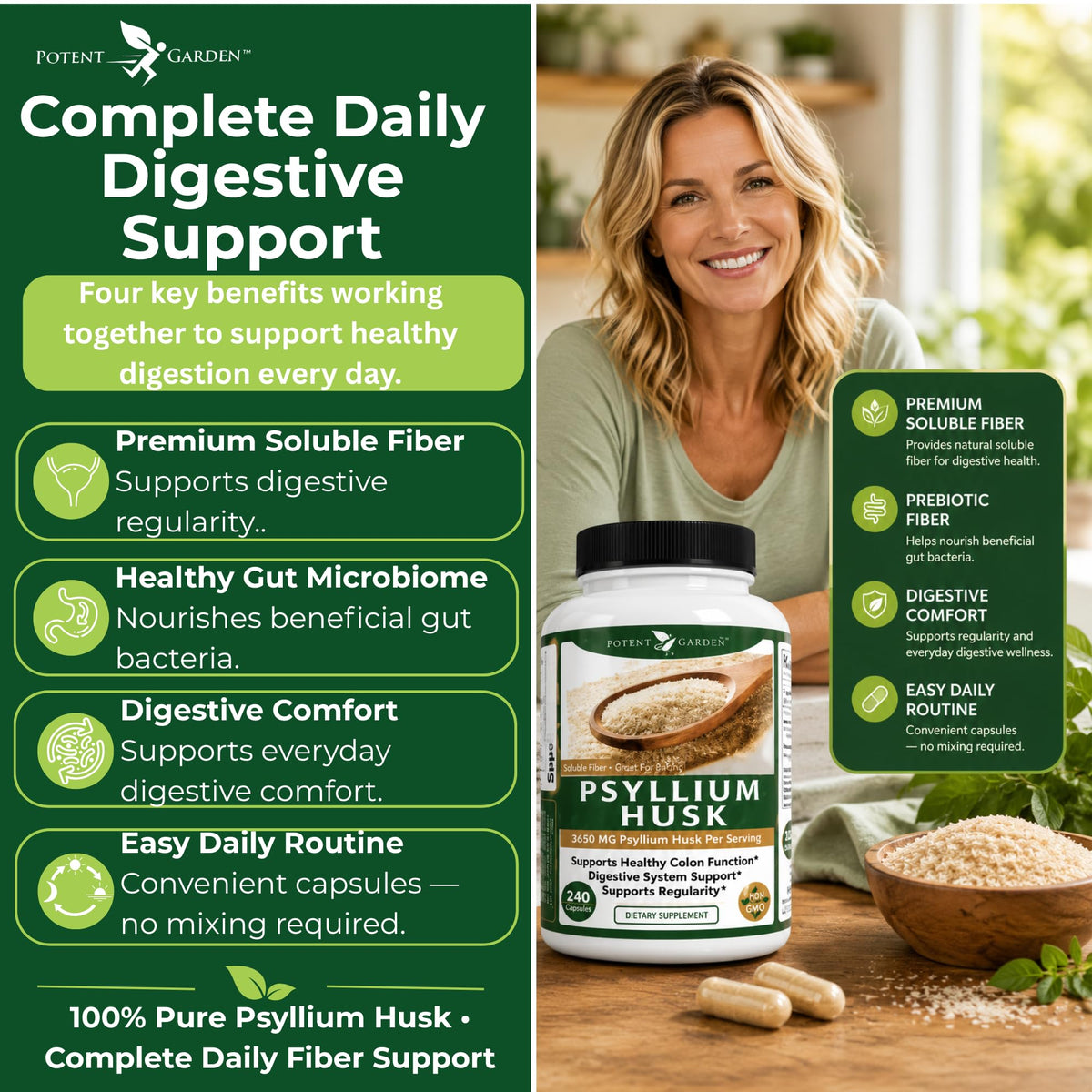 Potent Garden Psyllium Husk Capsules Soluble Fiber - 240 Capsules - image 6