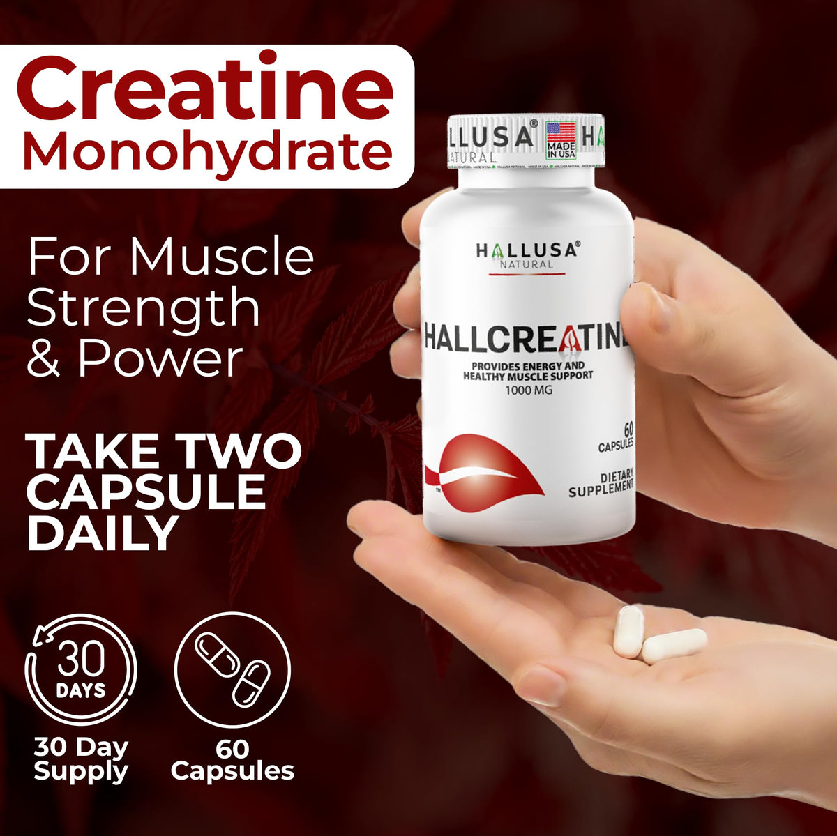 Hallusa Natural Creatine Monohydrate 1000 mg - 60 Capsules - image 5