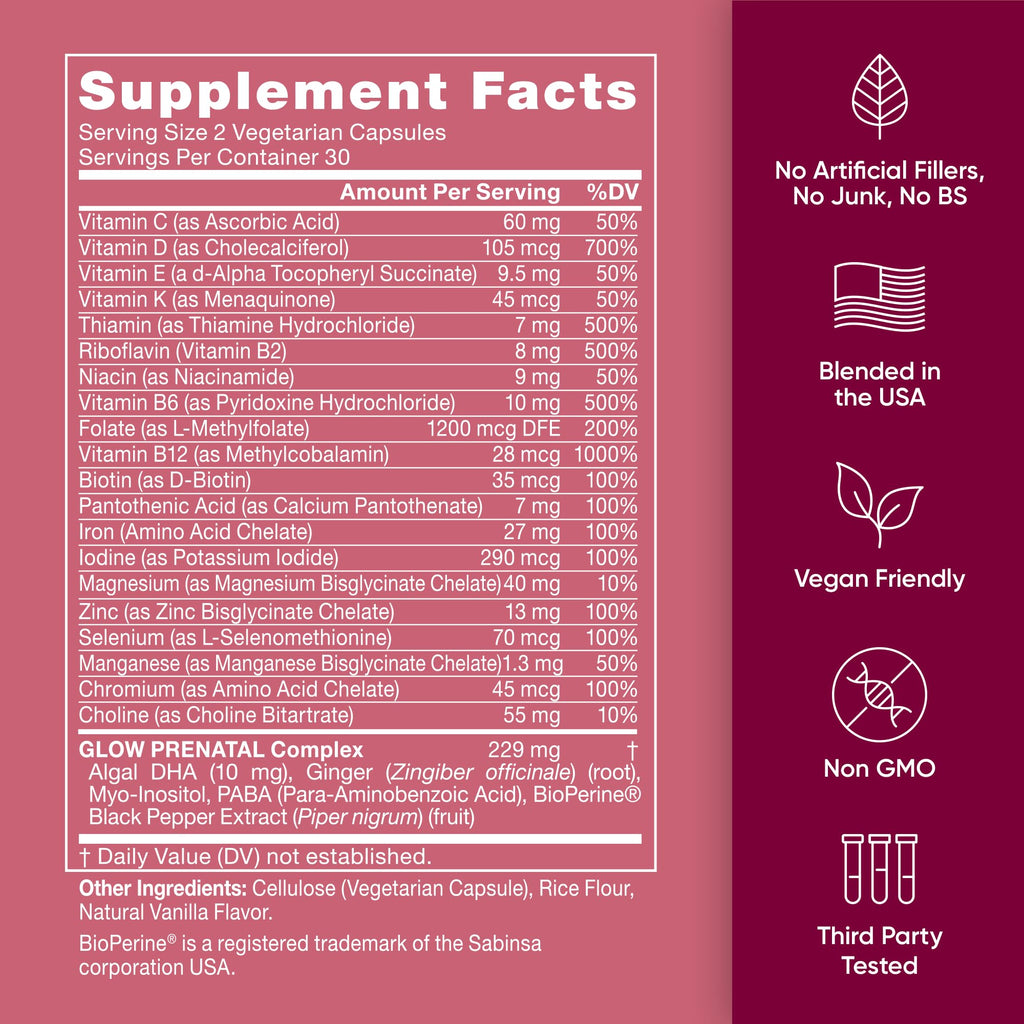 Eu Natural Glow Prenatal Vitamins with Folate & DHA - 60 Vegetarian Capsules - image 5