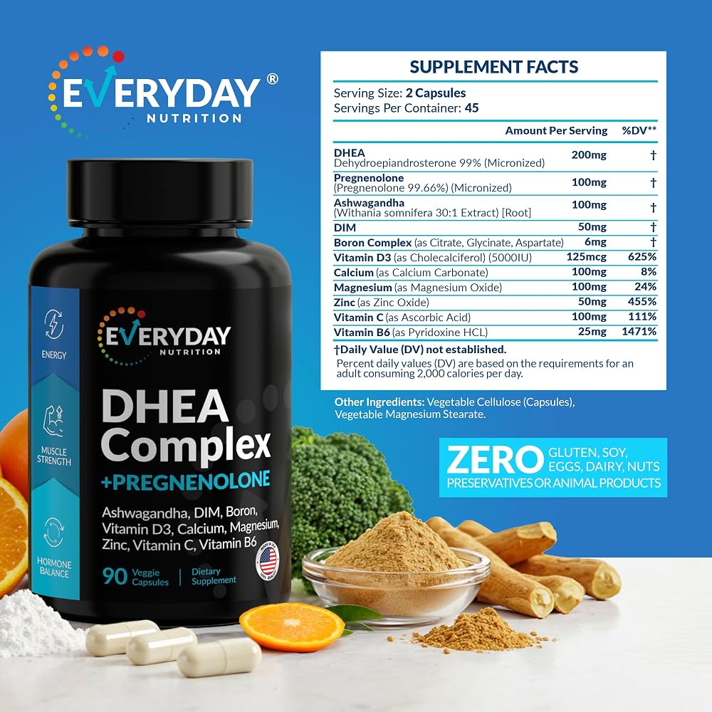 EVERYDAY NUTRITION DHEA 200mg Pregnenolone Supplement - 90 Capsules - image 4