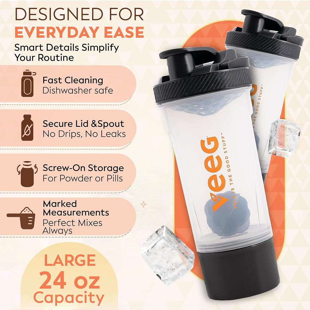 Veeg Shaker Bottle for Protein Mixes - 24 oz Leak-Proof - image 3