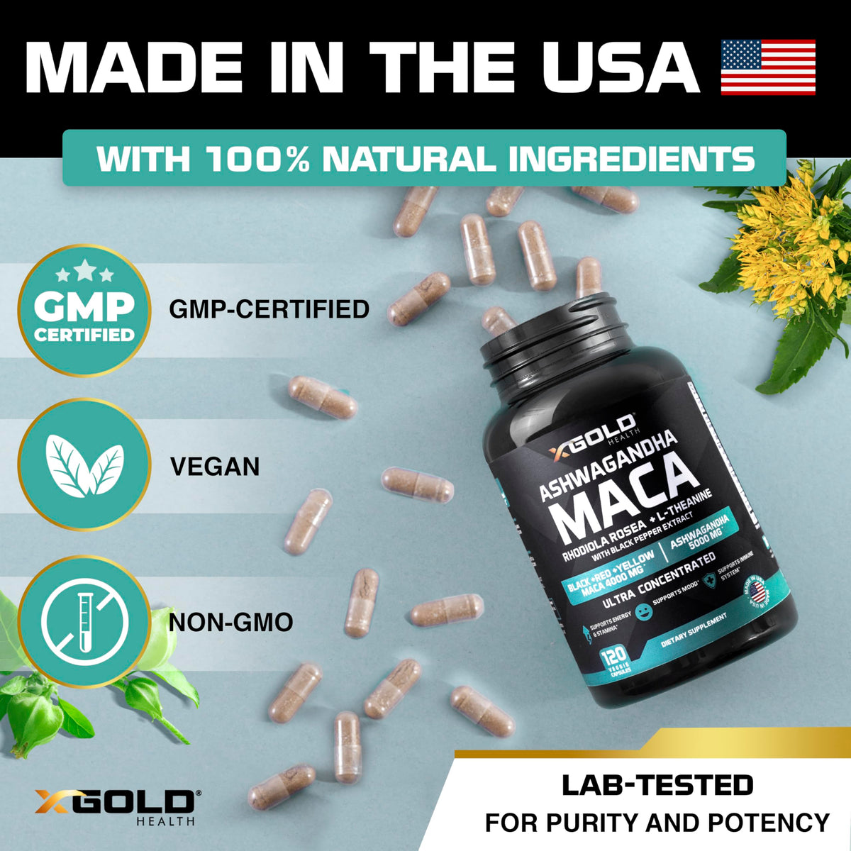 X Gold Ashwagandha, Maca Root, Rhodiola & L-Theanine - 120 Capsules - image 6