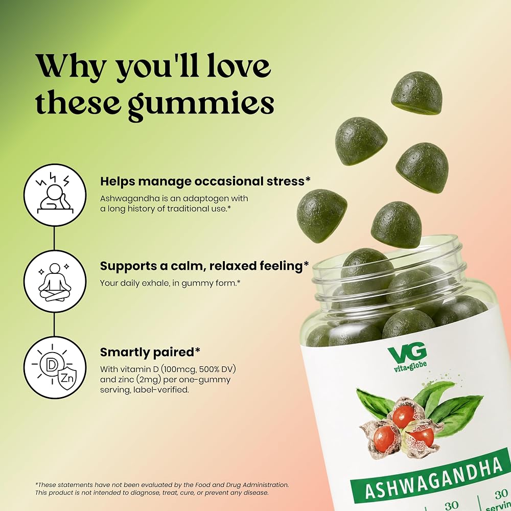 VITA GLOBE Ashwagandha Gummies 25mg with Vitamin D2 & Zinc - 30 Count - image 4