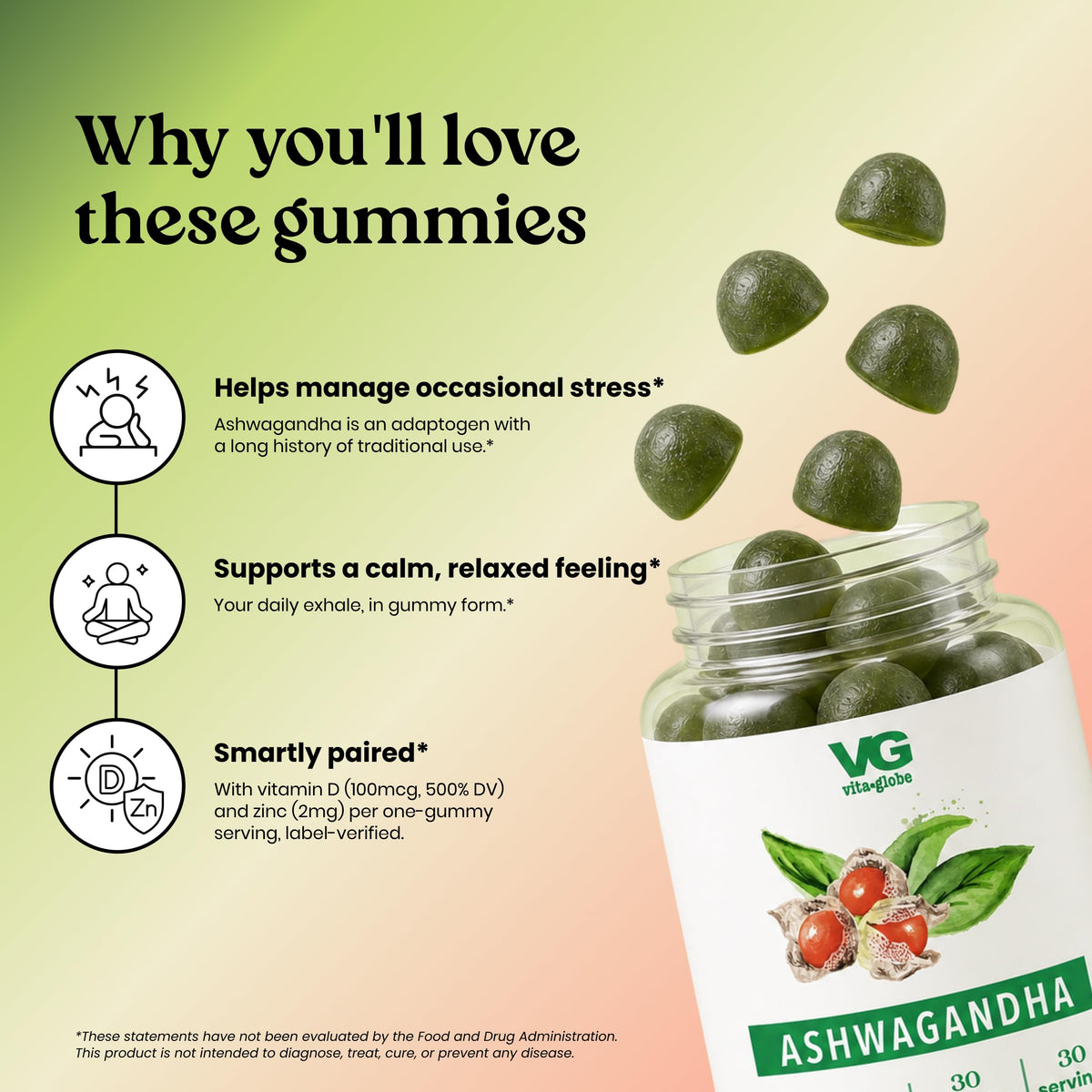 VITA GLOBE Ashwagandha Gummies 25mg with Vitamin D2 & Zinc - 30 Count - image 4