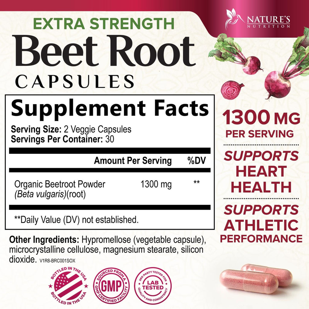 Nature's Nutrition Organic Beet Root Capsules - 1300mg Extra Strength