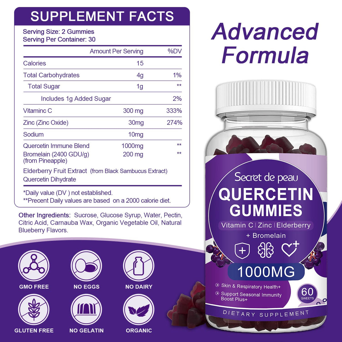 Secret De Peau Quercetin 1000mg Gummies Immune Support - 120 Count - image 3