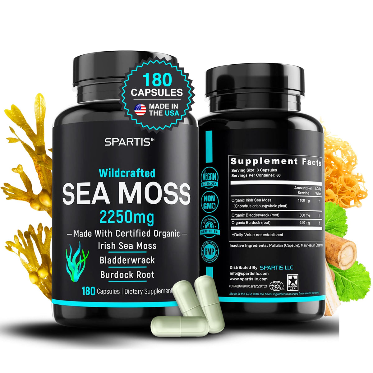 SPARTIS Certified Organic Sea Moss Capsules 2250mg - 180 Capsules