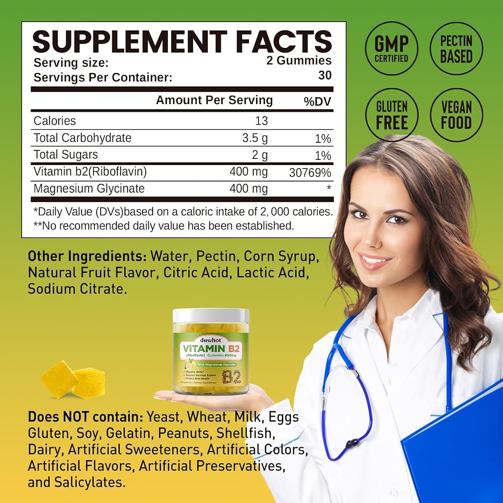 duwhot Vitamin B2 Gummies with Magnesium 400mg - 60 Gummies - image 2