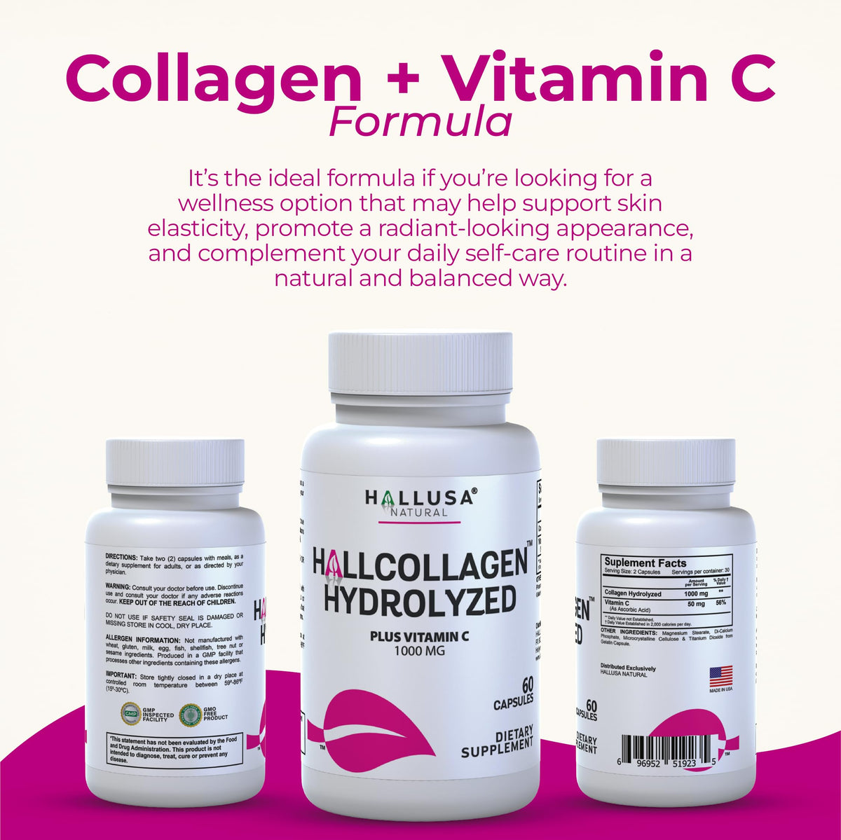 Hallusa Natural Hydrolyzed Collagen 1000mg with Vitamin C - 60 Capsules - image 9