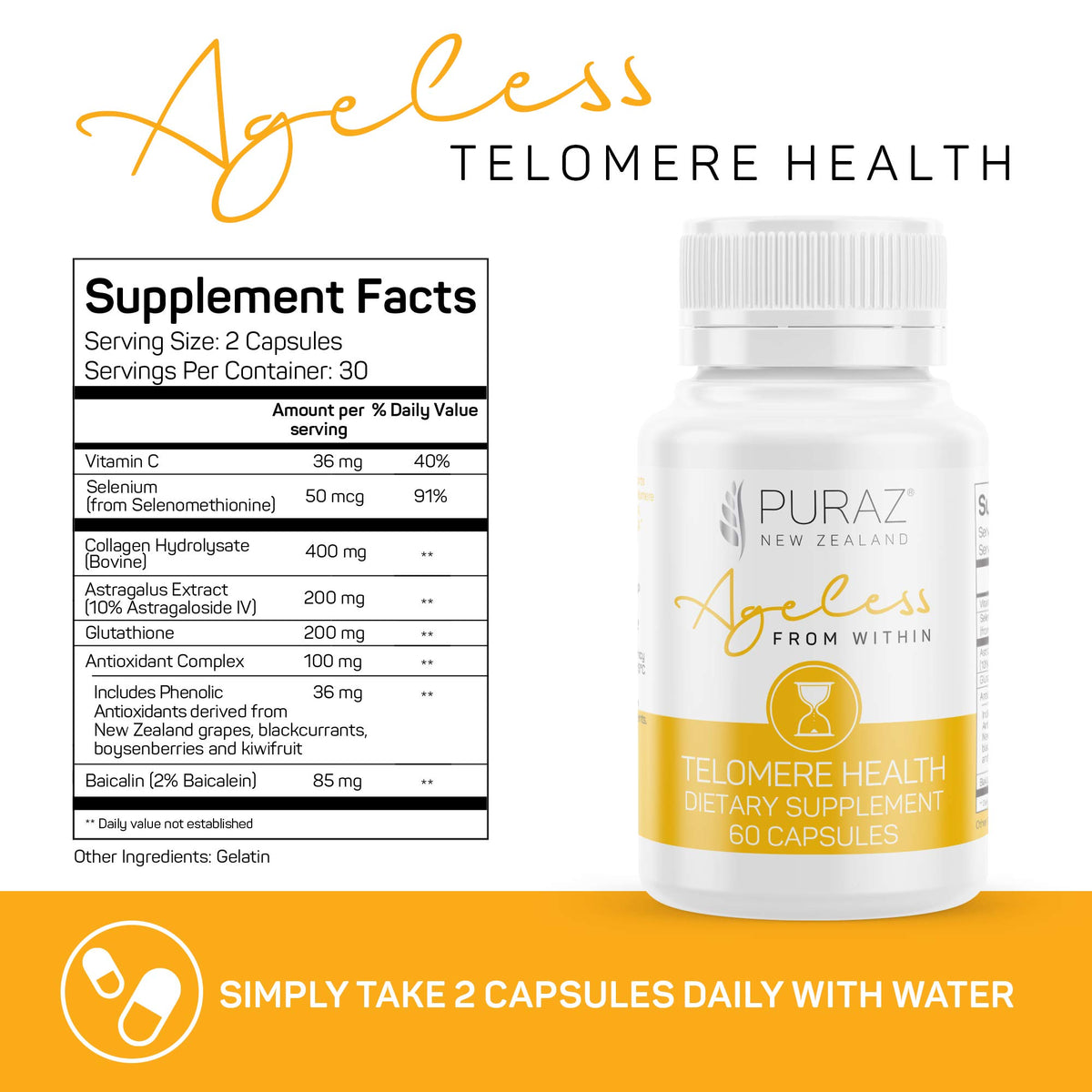 PURAZ Telomere Supplement with Astragalus & Collagen - 60 Capsules - image 6