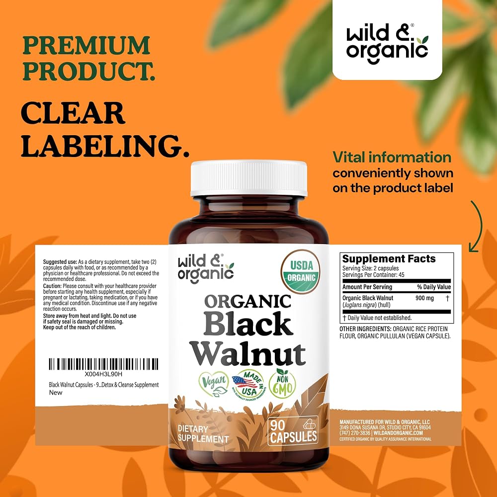 Wild & Organic USDA Organic Black Walnut Capsules 900 mg - Detox - image 7