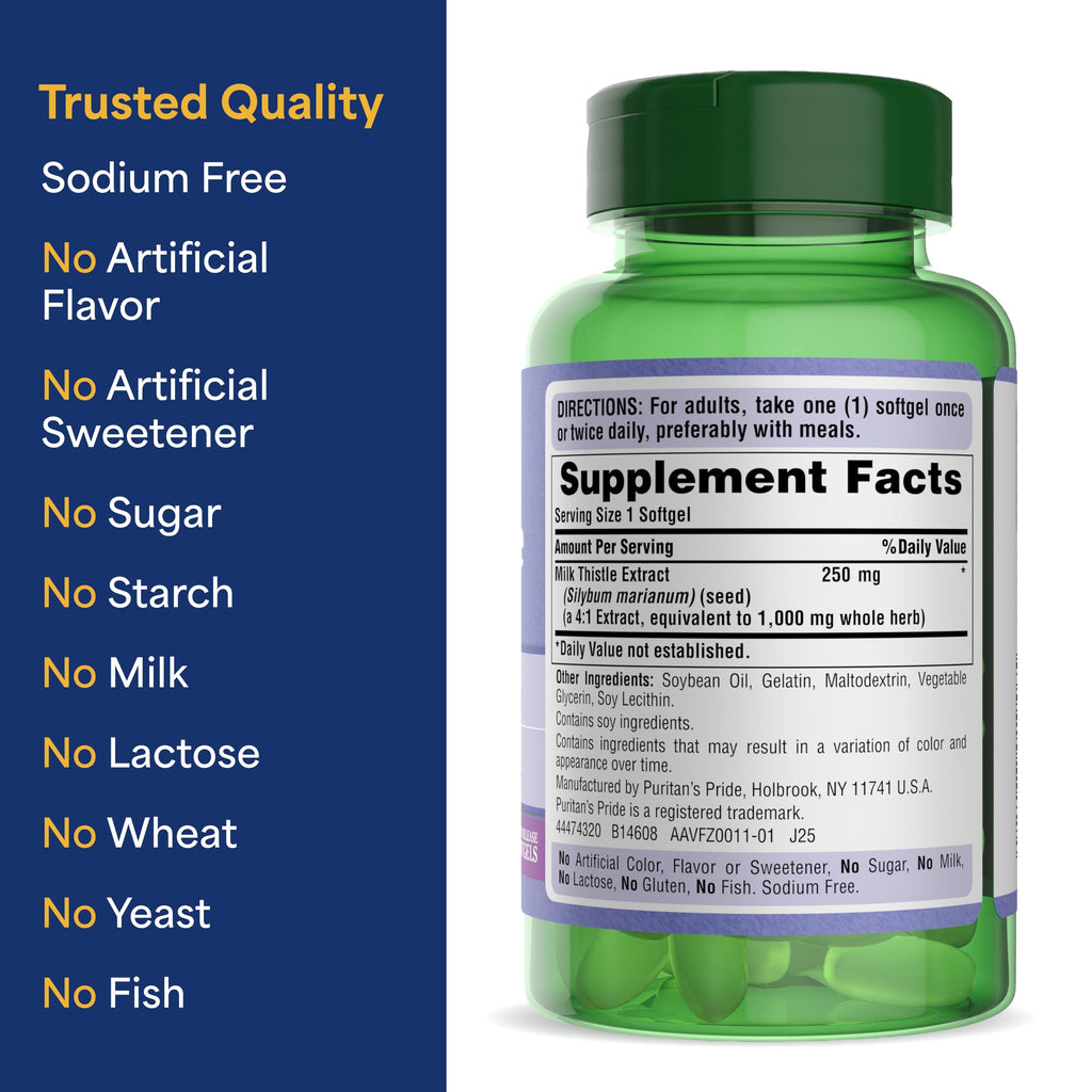 Puritan's Pride Milk Thistle Silymarin 4:1 Extract 250mg - 180 Softgels - image 6