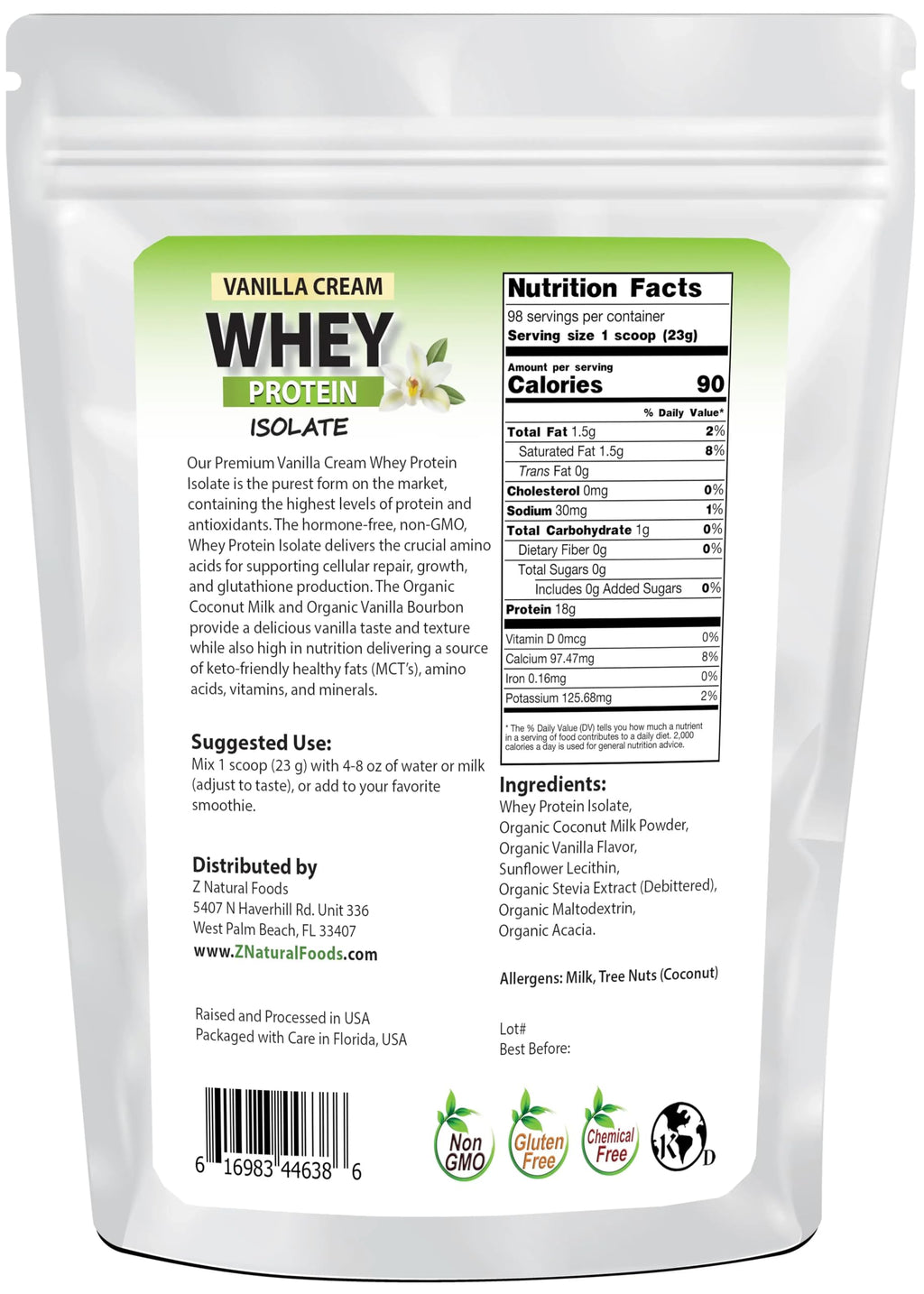 Z Natural Foods Whey Protein Isolate- Grass-Fed, No Sugar