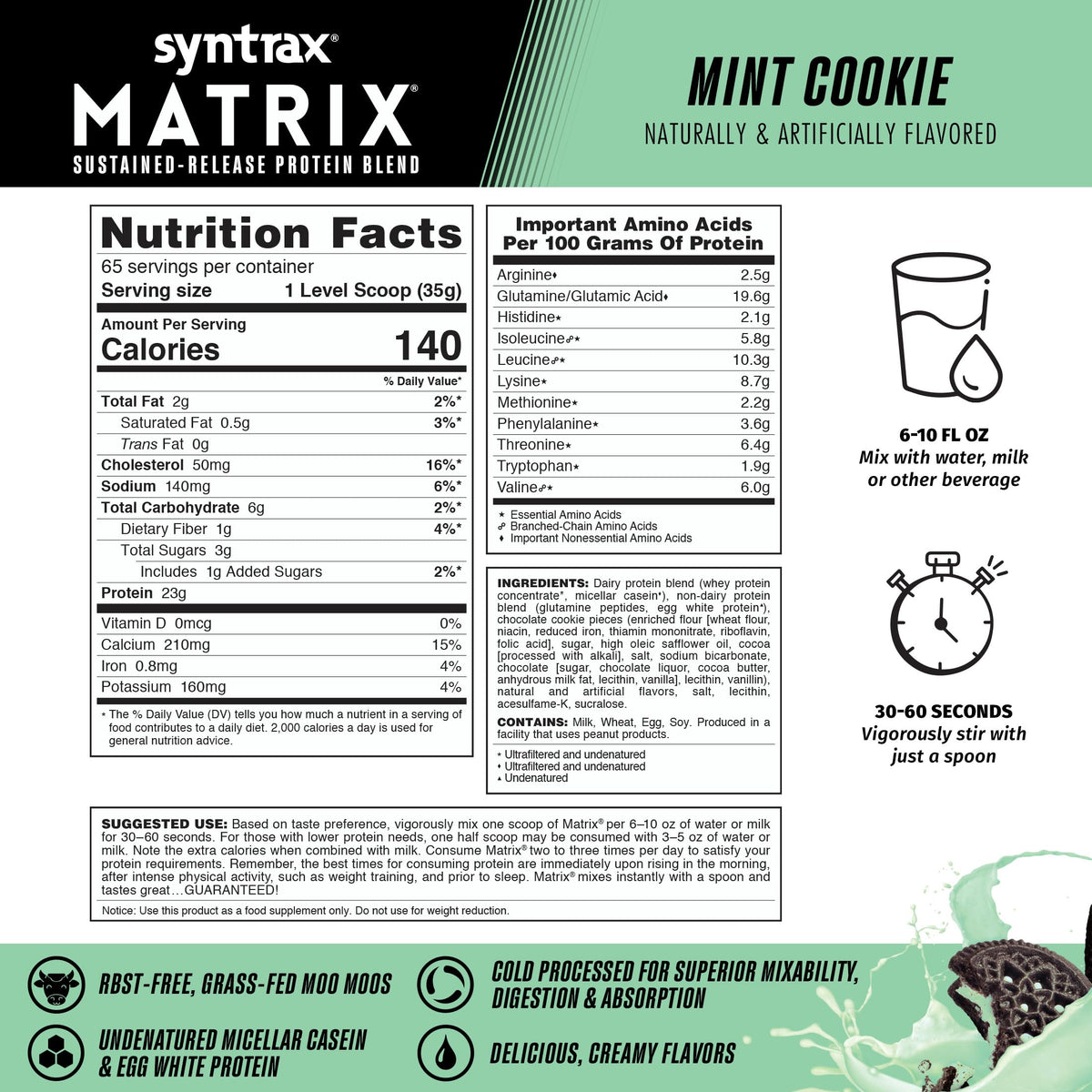 Syntrax Matrix Sustained-Release Protein Powder, Mint Cookie - 5 lb - image 3