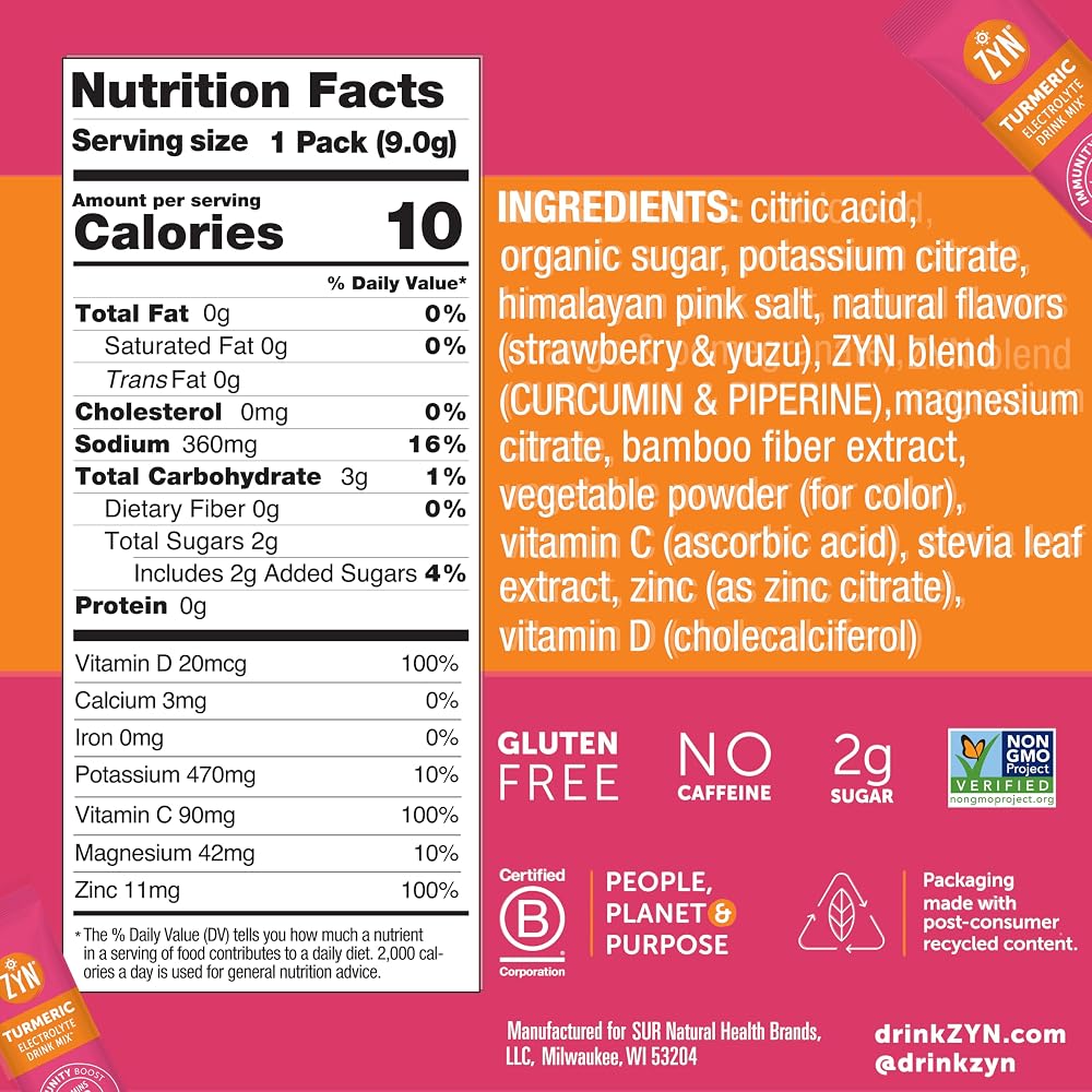 ZYN Turmeric & Electrolyte Strawberry Yuzu Drink Mix - 16 Packets - image 8