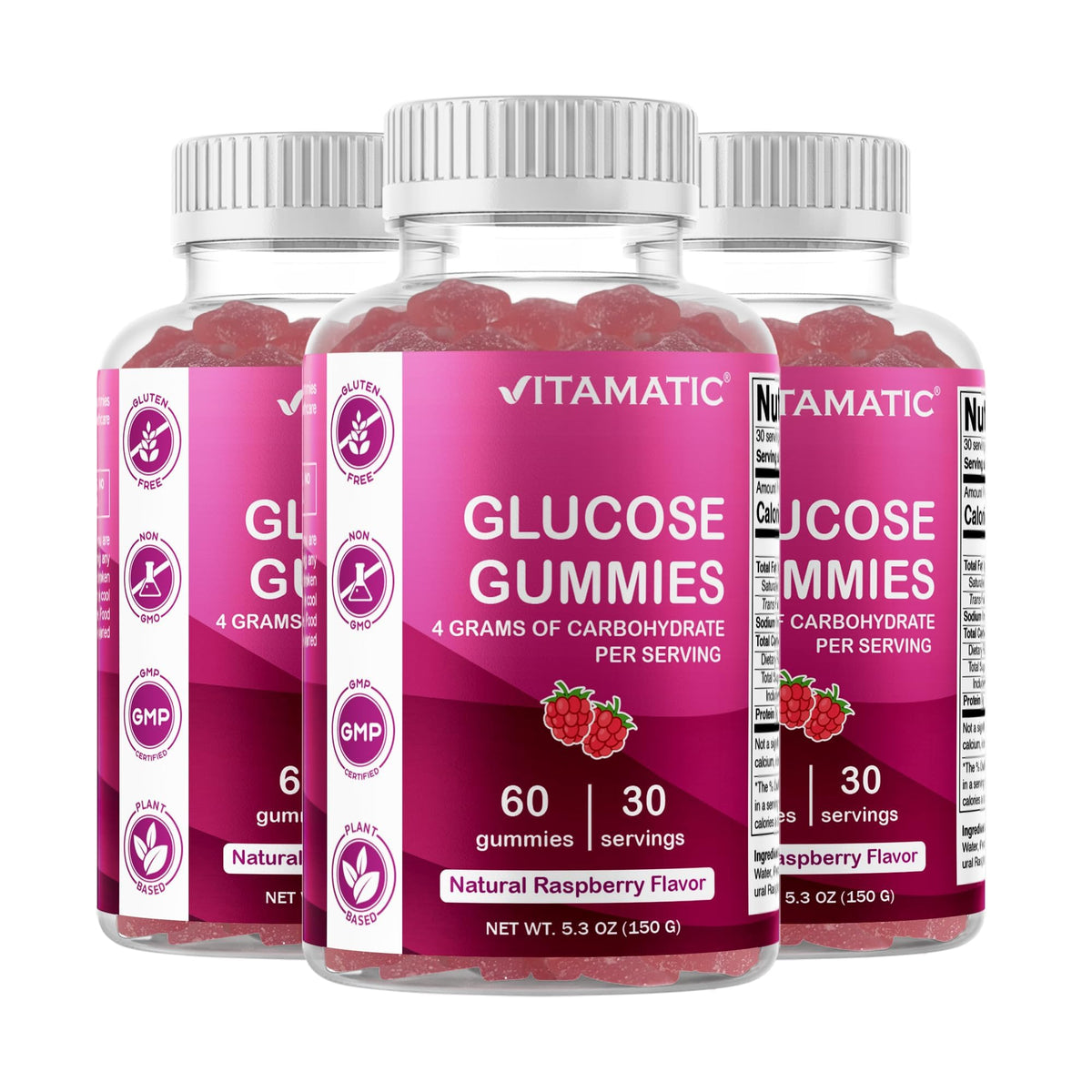 Vitamatic Glucose chewable Gummies - 60 Count - Natural Raspberry