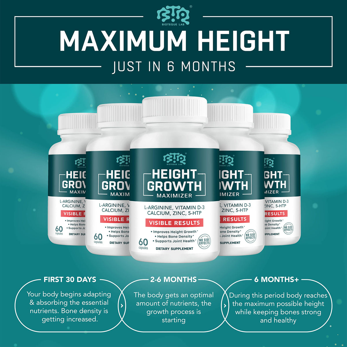 BTQ BIOTEQUE LAB Height Growth Maximizer Calcium Vitamin D3 Zinc - 60 Capsules - image 4