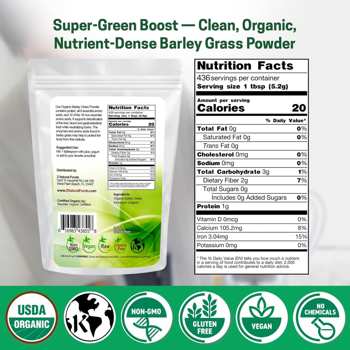 Z Natural Foods Organic Barley Grass Powder - Whole Food Green Blend