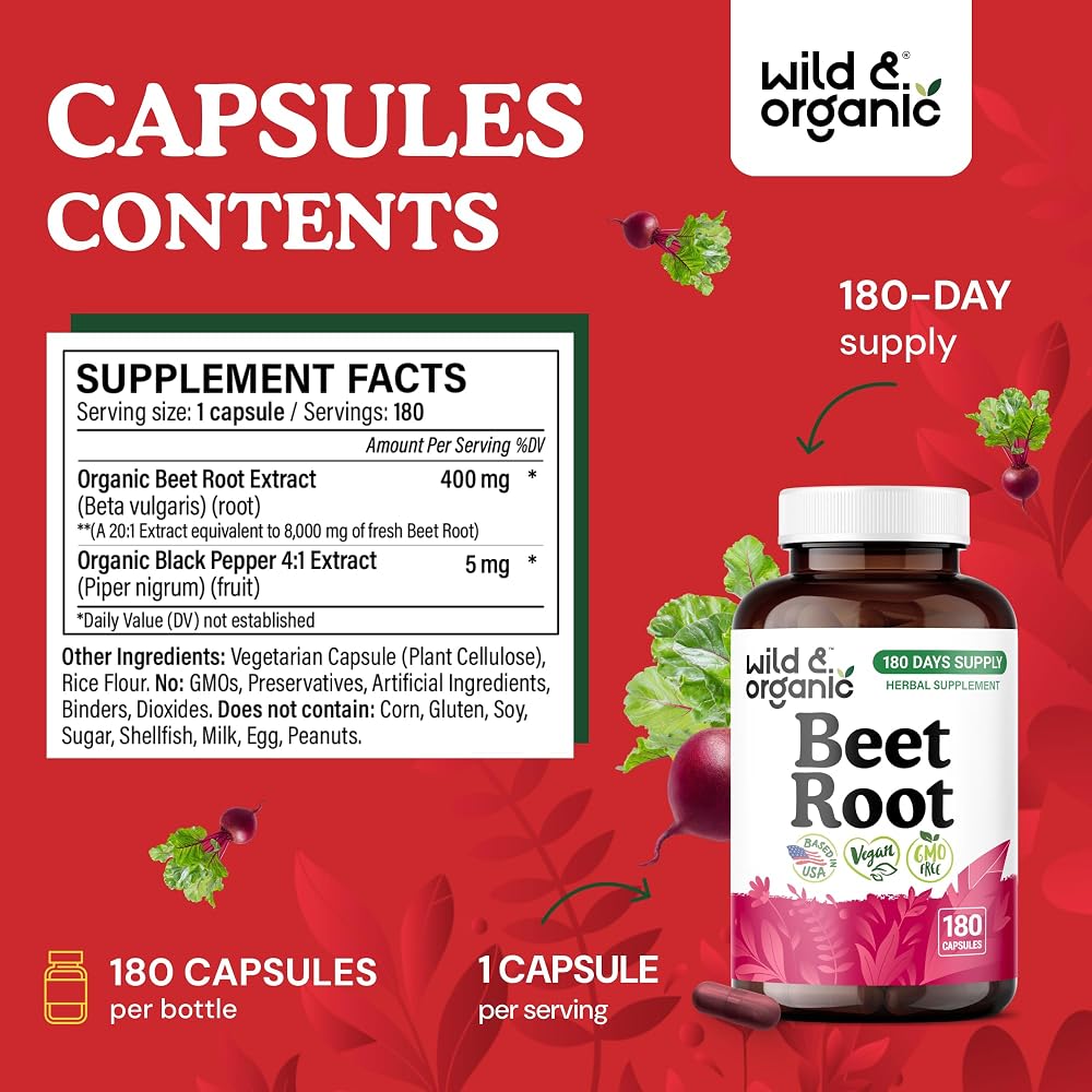 Wild & Organic Beet Root Capsules 8000 mg - 20:1 Beetroot Extract