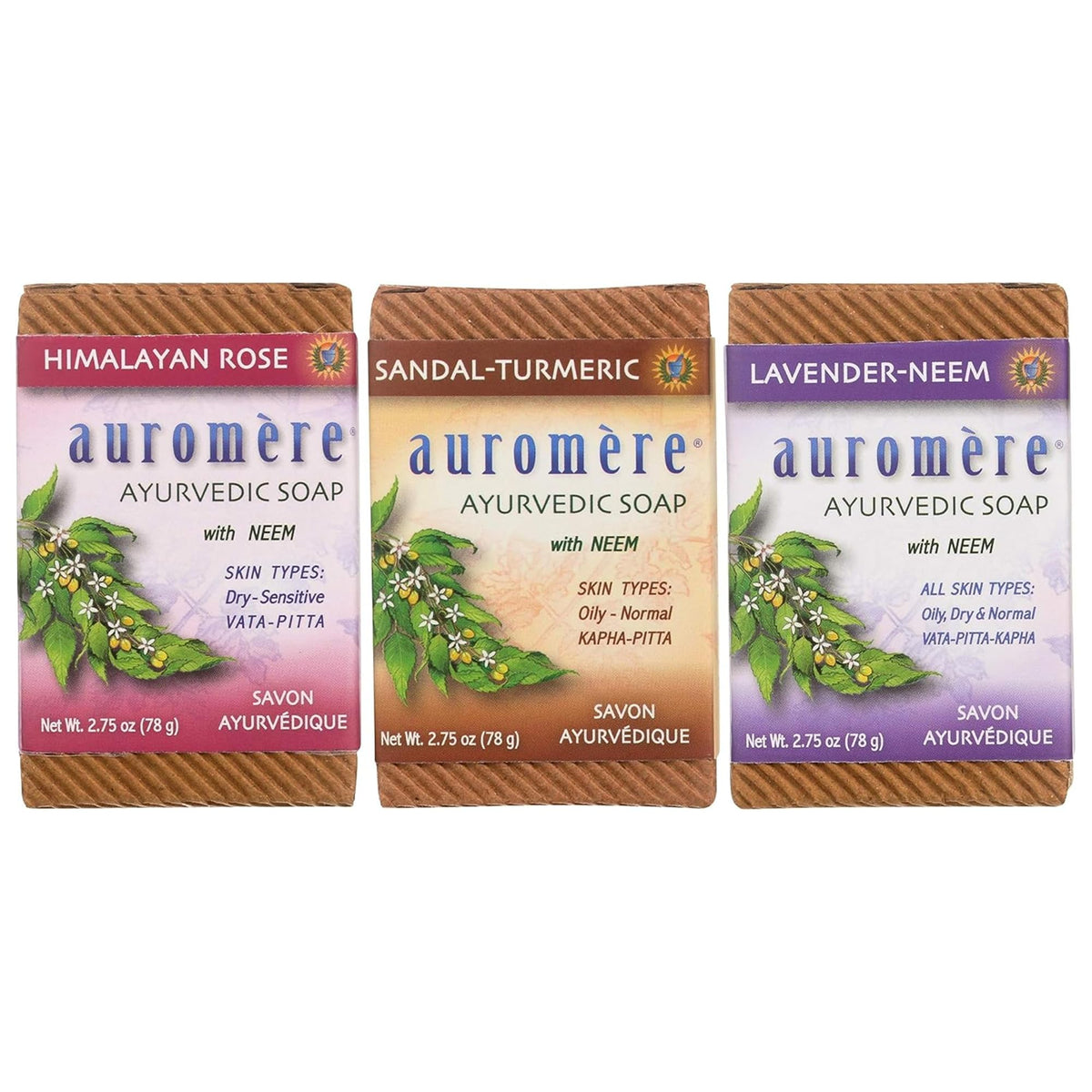 Auromere Ayurvedic Natural Bar Soap Variety Pack, Vegan - 3 Bars