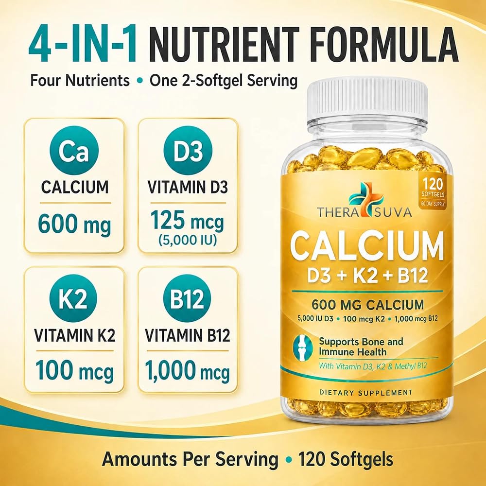 TheraSuva Extra Strength Calcium 600mg + D3 + K2 + B12 - 120 Softgels - image 4