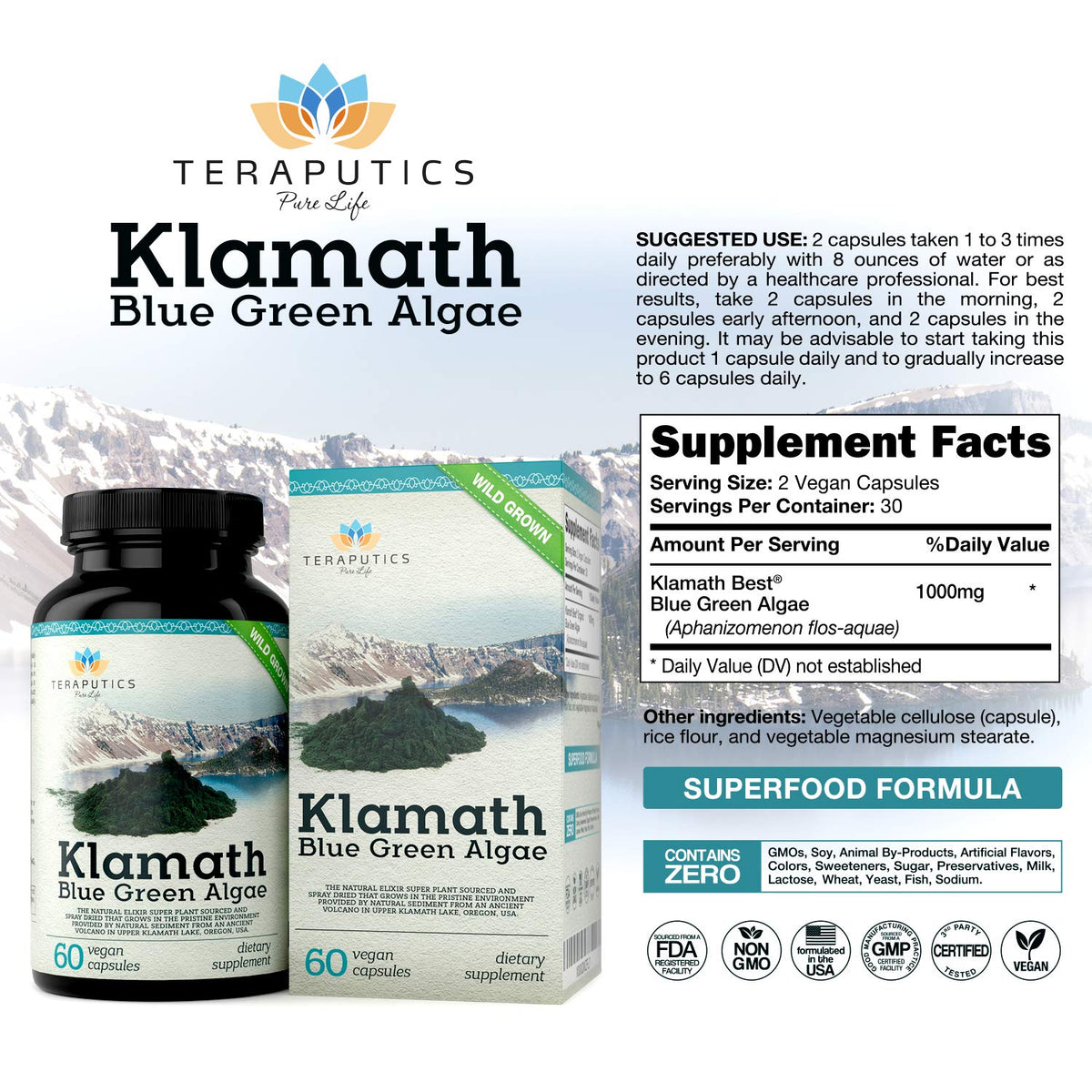 Teraputics Klamath Lake Blue Green Algae Superfood - 60 Vegan Capsules - image 2