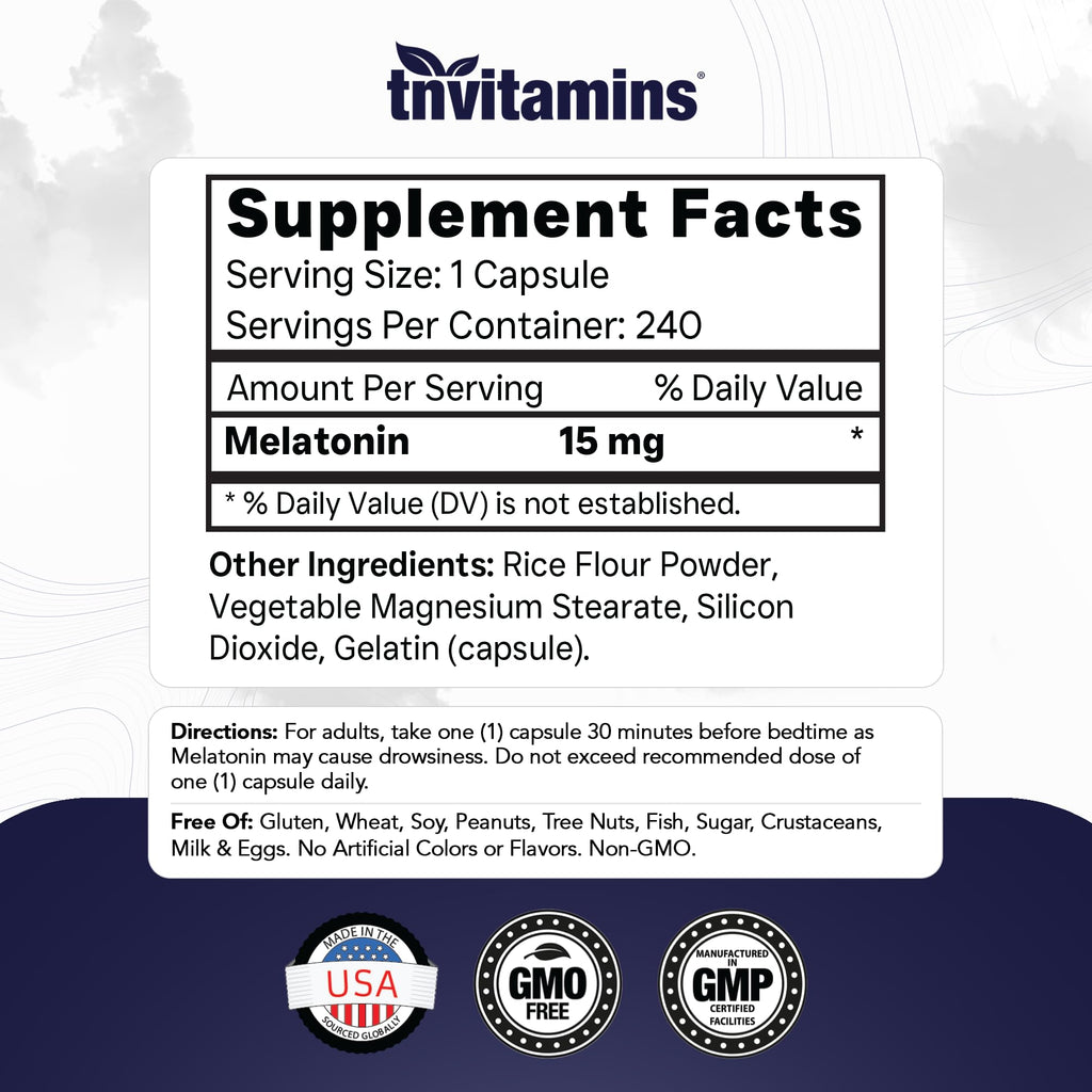 tnvitamins Melatonin 15 MG Sleep Support - 240 Capsules - image 2