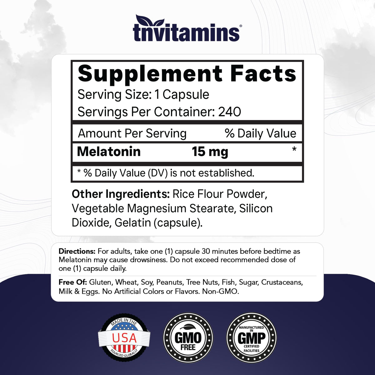 tnvitamins Melatonin 15 MG Sleep Support - 240 Capsules - image 2