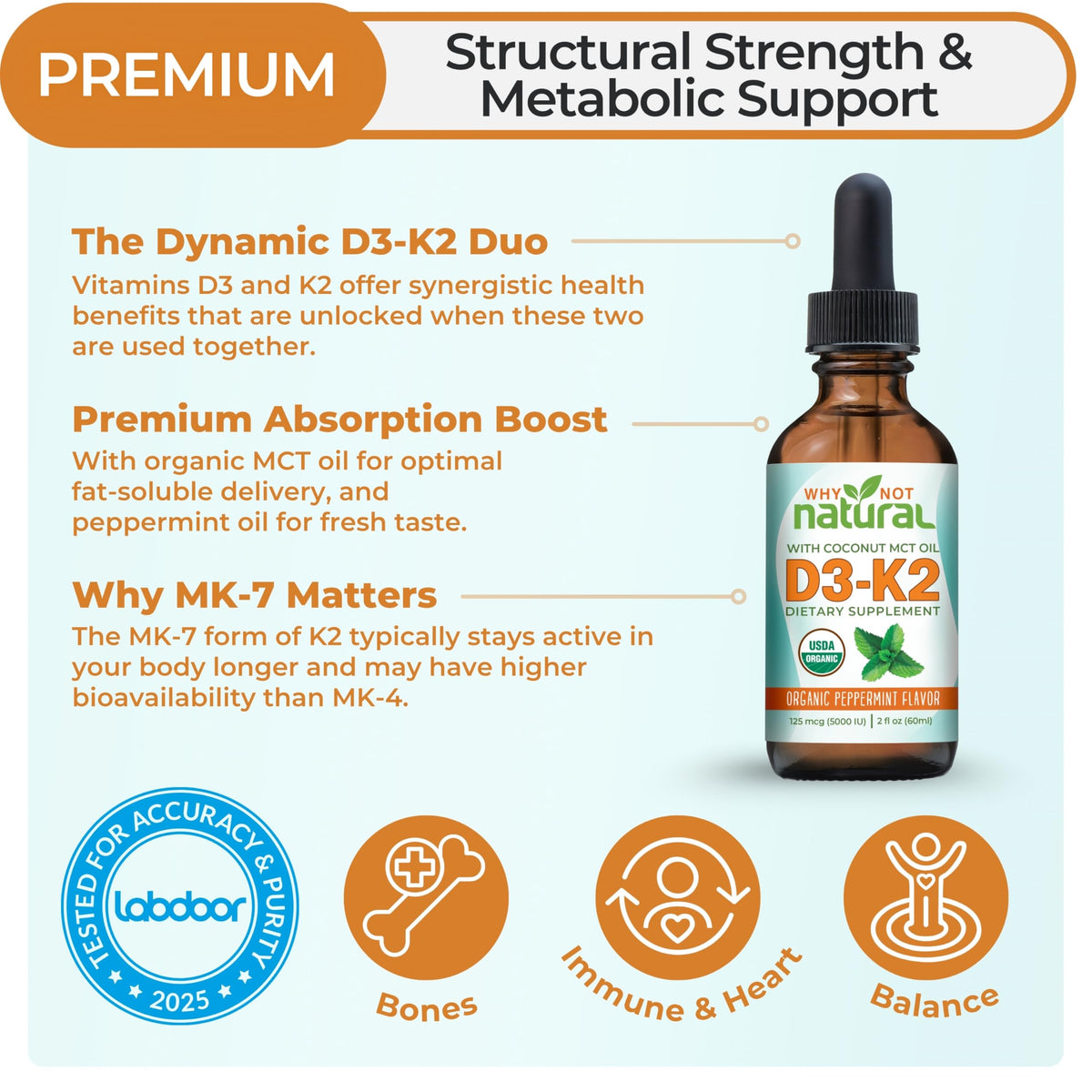 Why Not Natural Vitamin D3 K2 Liquid Drops 5000 IU - 2 Fl Oz - image 2
