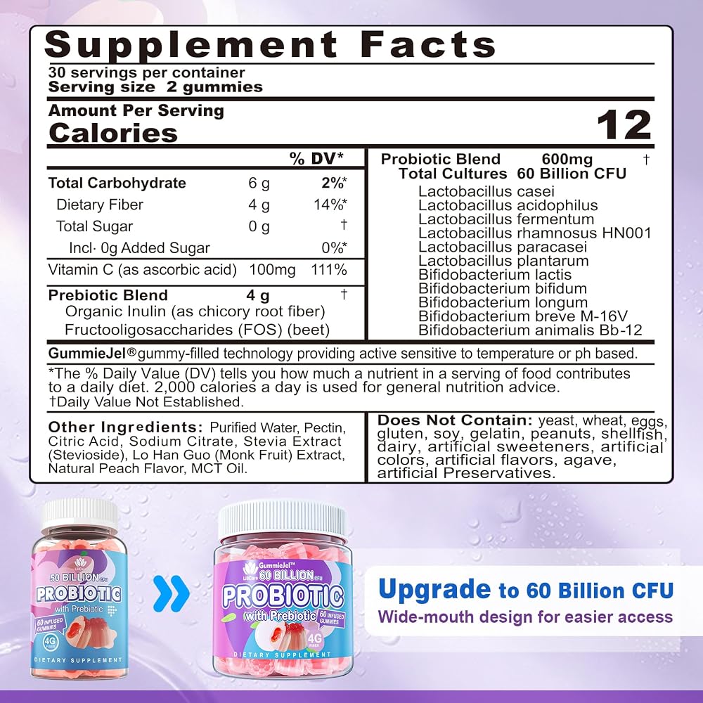 LILICARE Sugar Free Probiotic Gummies 60 Billion CFU