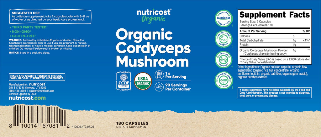 Nutricost Organic Cordyceps Mushroom Capsules 1100mg - Certified CCOF