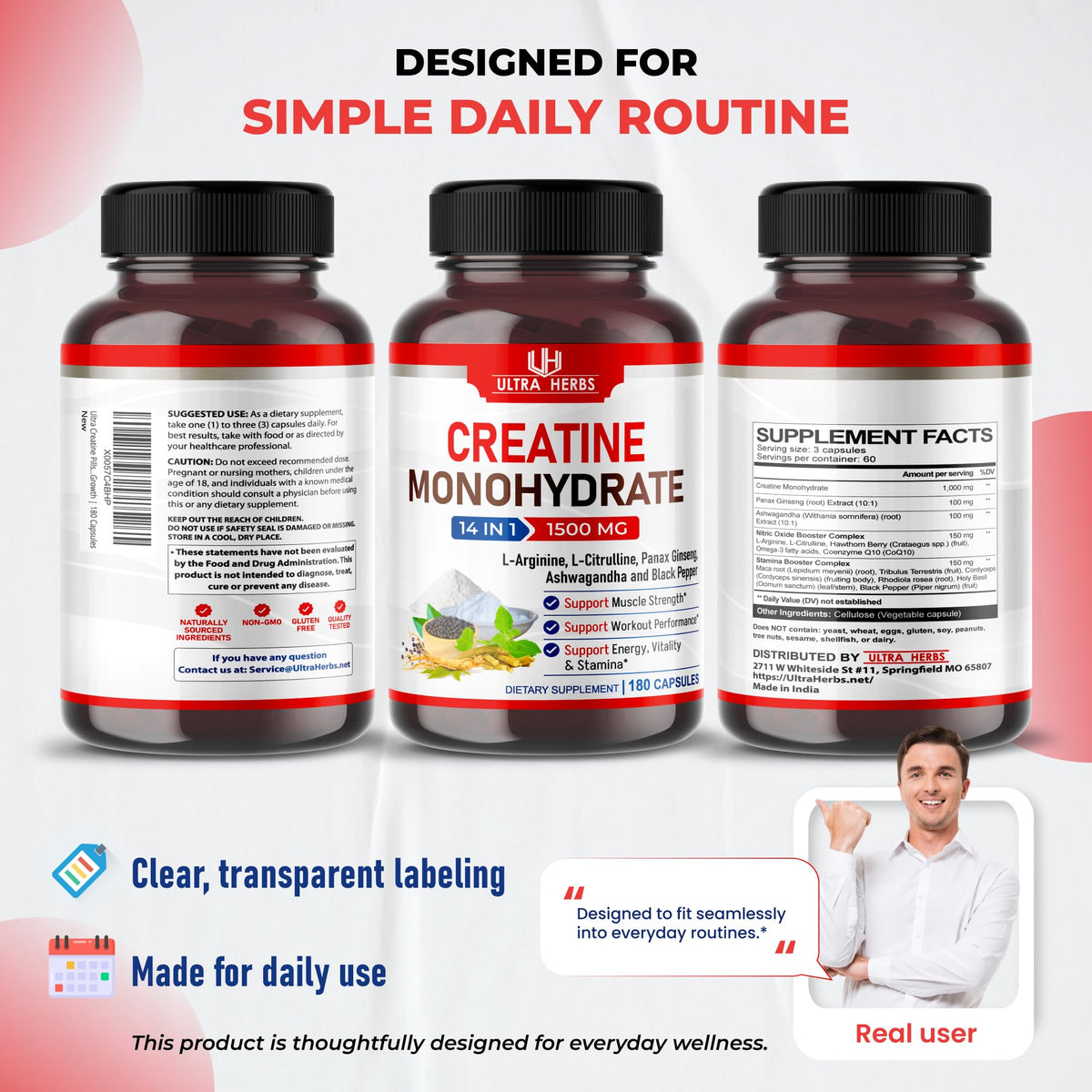 Ultra Herbs Creatine 1500 mg with Ginseng & Ashwagandha - 180 Capsules - image 9