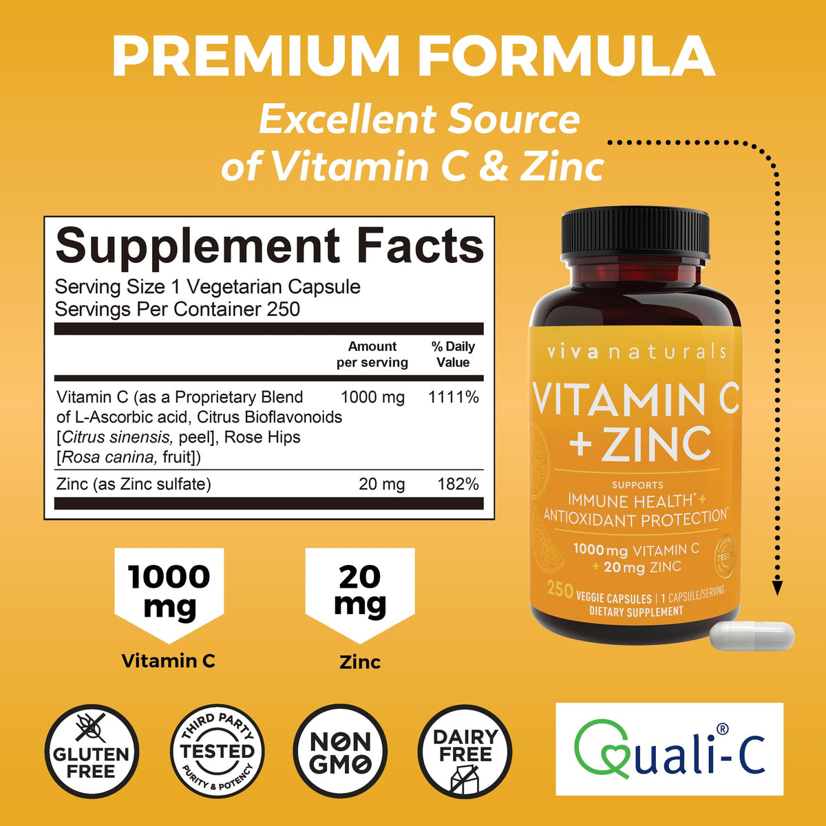 Viva Naturals Vitamin C and Zinc 1000mg Immune Support - 250 Capsules - image 2
