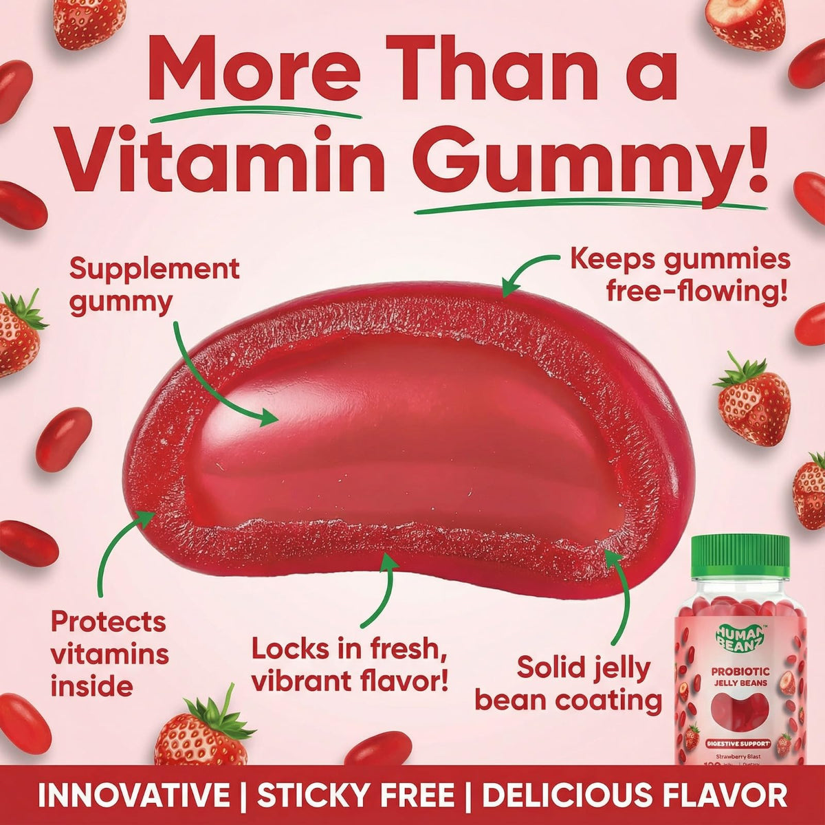 Human Beanz Probiotic Jelly Bean Gummies Strawberry Blast - 120 Count - image 3
