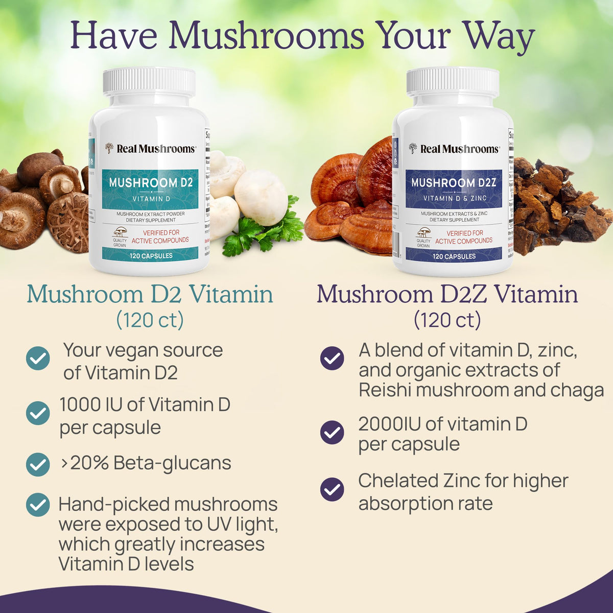 Real Mushrooms Zinc and Vitamin D2 Capsules – 120 Count - image 7