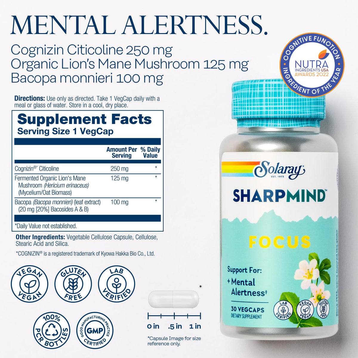 SOLARAY SharpMind Focus Mental Alertness Nootropic - 30 Vegetarian Capsules - image 2
