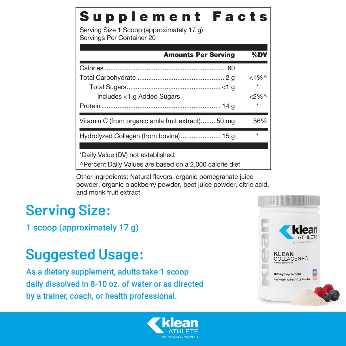 Klean Athlete Klean Collagen+C Powder Natural Berry - 12 oz - image 2