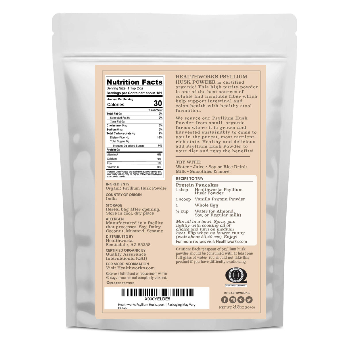 Healthworks Superfoods Organic Psyllium Husk Powder Keto Soluble Fiber