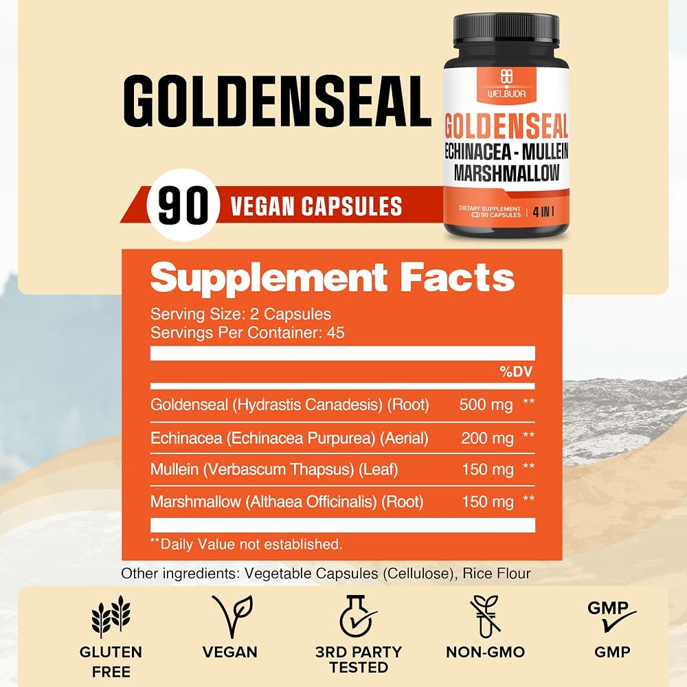 WELBUDA Goldenseal Root Echinacea Herbal Supplement - 90 Vegetarian Capsules - image 2