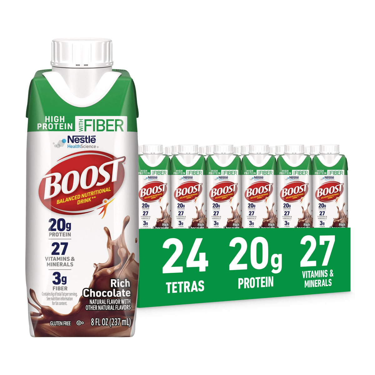 BOOST High Protein with Fiber Nutritional Shake, Chocolate - 24 Pack