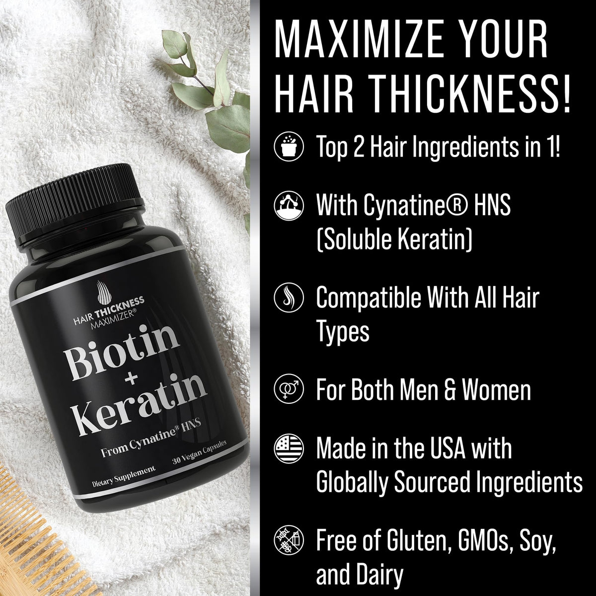 Hair Thickness Maximizer Keratin Cynatine HNS + Biotin 10000mcg - 30 Capsules - image 3
